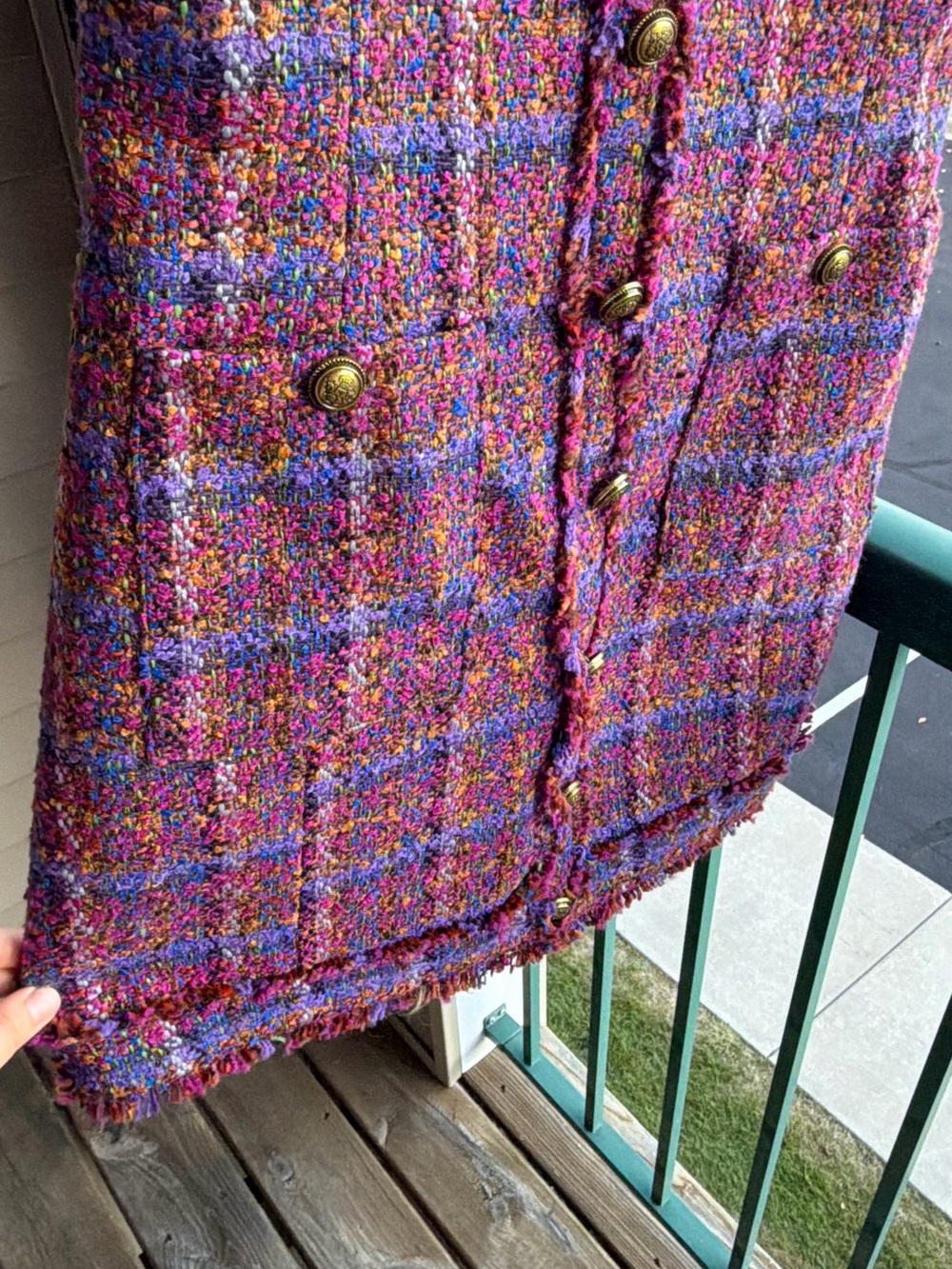 🆕💗💜AQUA Multicolor Tweed Plaid Sleeveless Mini Dress Gold Buttons Size S - Picture 7 of 17